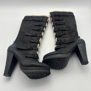 Report Signature Black Heeled Boots with Buckle Accents